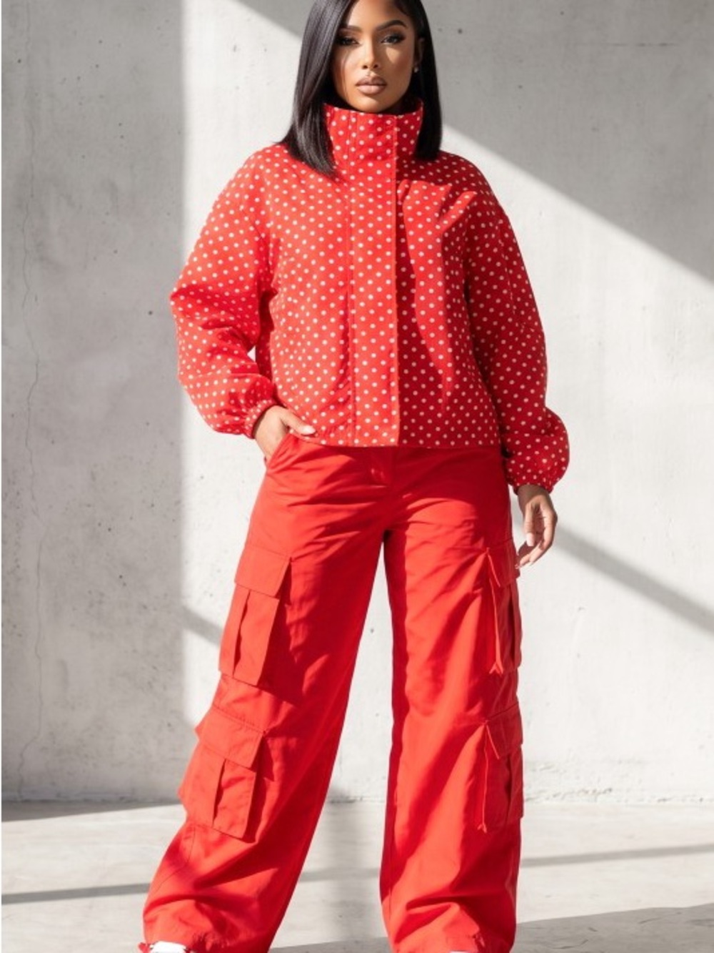 Red Polka Dot Puffer Jacket - Women's Short Coat J-73198 - Picture 2 of 3